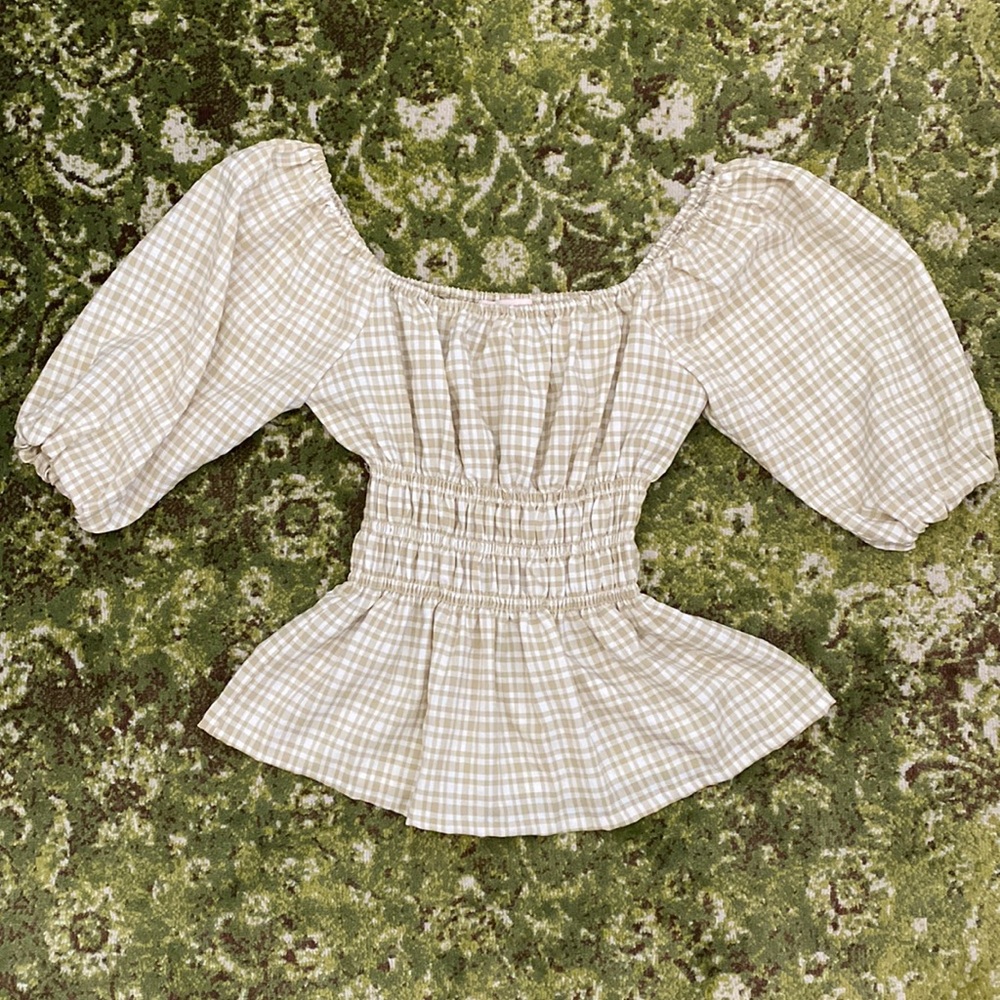 LEYDAN Peasant Blouse in Tan and White